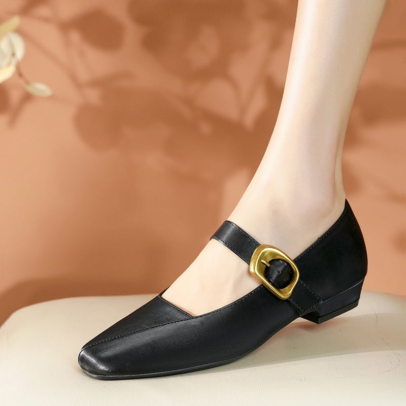 French Square Toe Single Shoes Thick Heeled Mary Jane Shoes Style Mother Shoes Elegant Work Shoes With Skirt Belt - Image 4